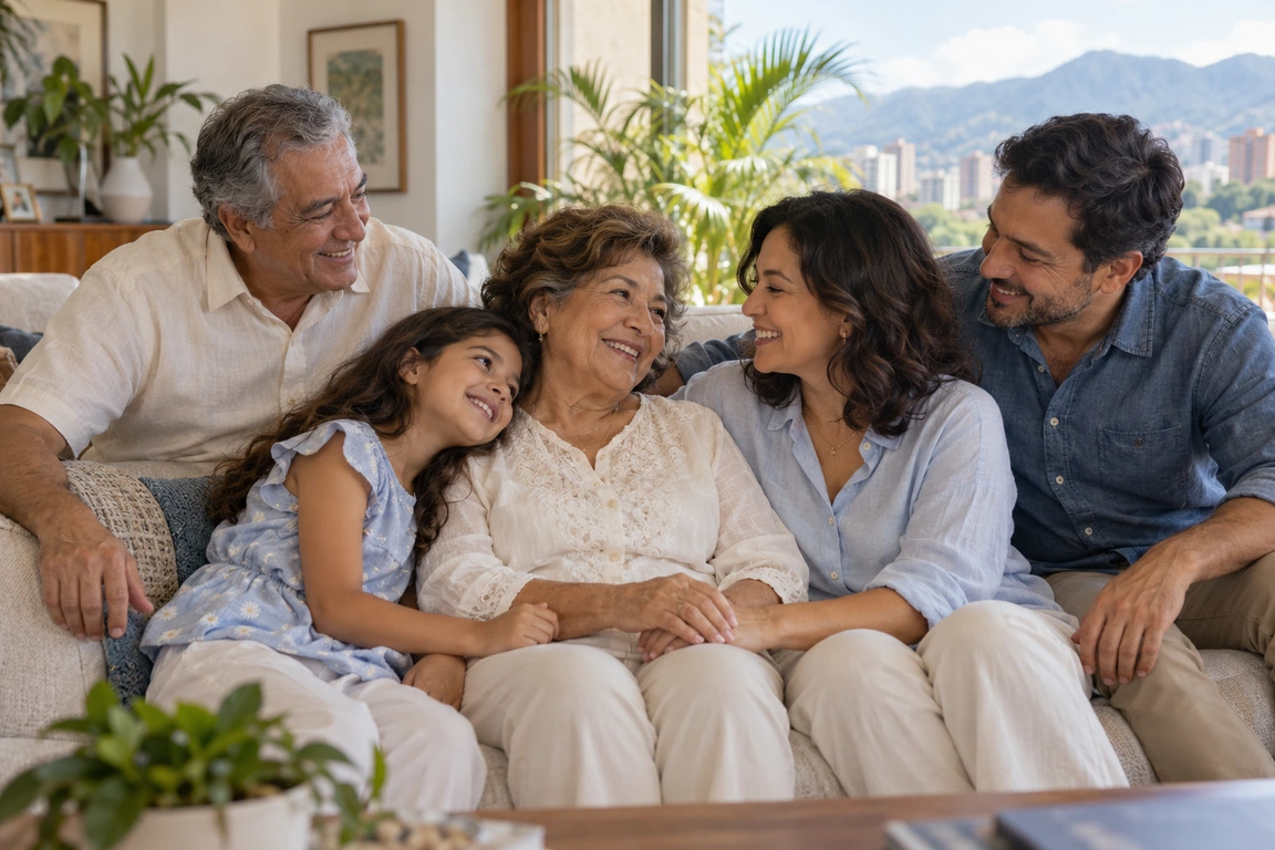 Familia de cinco, de distintas generaciones, reunida en casa con Caracas y el Ávila al fondo.